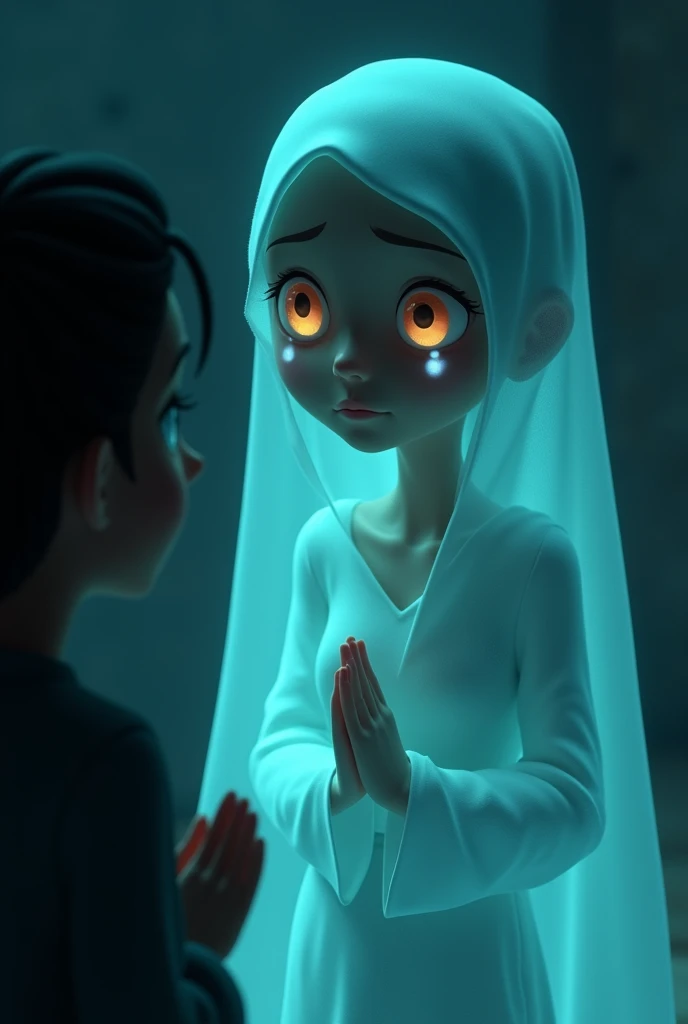 Generate image in cinematic 3d cartoon style 
close-up of Rati’s ghost, her glowing eyes filled with tears as she pleads for justice. Her hands are clasped together, and her translucent figure appears more human now. The faint glow around her softens, refl...