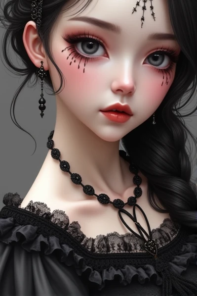 The face is the  in the image and the girl dressed in the style of Gothic Lolita