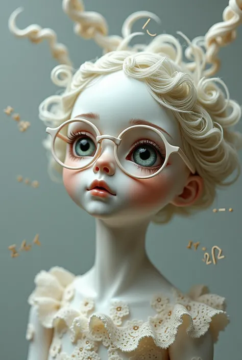 Picture of a doll with glasses and mathematical calculations 

