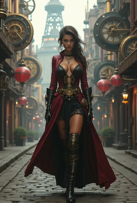 beautiful woman in a steampunk country, walking in a steampunk city, very realistic, cinematic