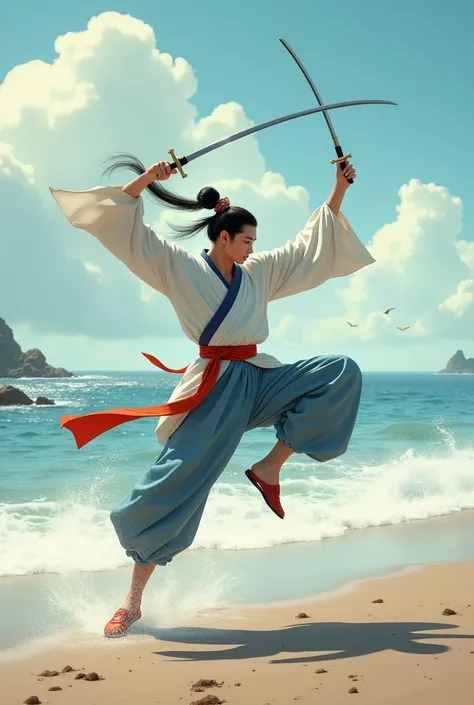 guy wearing a swordplay costume, long hair, hair tied in a bun with a brooch, handsome face, Chinese shoes of the Manchu era, Please create a scene for me about a guy practicing swordplay on the beach. The guy jumps into the air, turns 360 degrees, slashes...