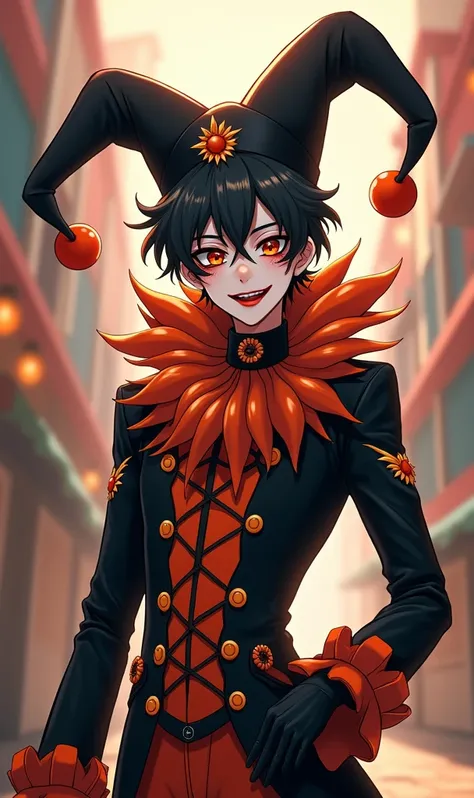 Anime man, black and orange jester clothes and clown makeup.