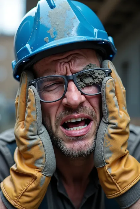  Worker whose eyes I splash concrete in his eyes,  the worker is dressed in work clothes , blue helmet, Safety glasses, cow gloves 