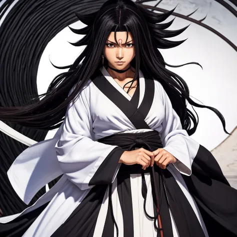 A Black woman Shunsui Sakuranosuke Jirō Kyōraku with full lips and a broad nose and full dark curly textured hair dressed in shinigami robes, drawn in the style of Tite Kubo, Bleach Thousand Year Blood War, African features, anime, animation, full body