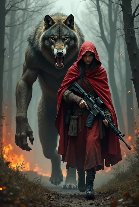    Hyperrealistic image of an adult Little Red Riding Hood armed with an AR-15, accompanied by a giant wolf at her side ,  leaving a burning town in the middle of the forest   ,  dark night .