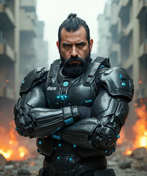 A hyper-realistic image of a 38-year-old man inspired by Maxima from King of Fighters, captured in a medium shot emphasizing his upper body. His face is rugged and powerful, with a chiseled jawline, a neatly trimmed beard, and intense, piercing eyes. His s...