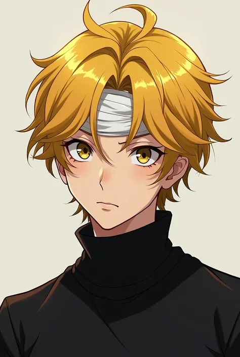 Male anime character with yellow hair and a black sweater and a bandage on his head 