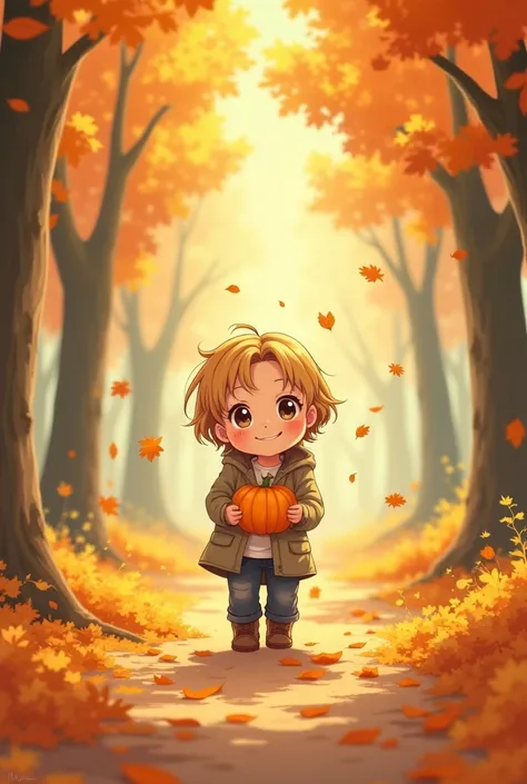 Une image mignonne d’un enfant style manga avec de grands yeux marche dans une forêt aux couleurs automnales, holding a small pumpkin ,  with golden leaves falling around him.