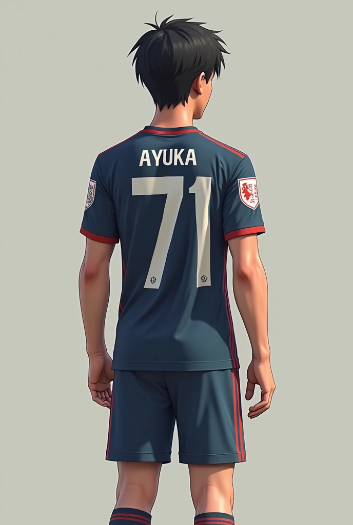 Normal Foot ball player (not american foot ball) wearing t shirt with number 71 and it named "Ayuka". in back view. 21 yers old boy