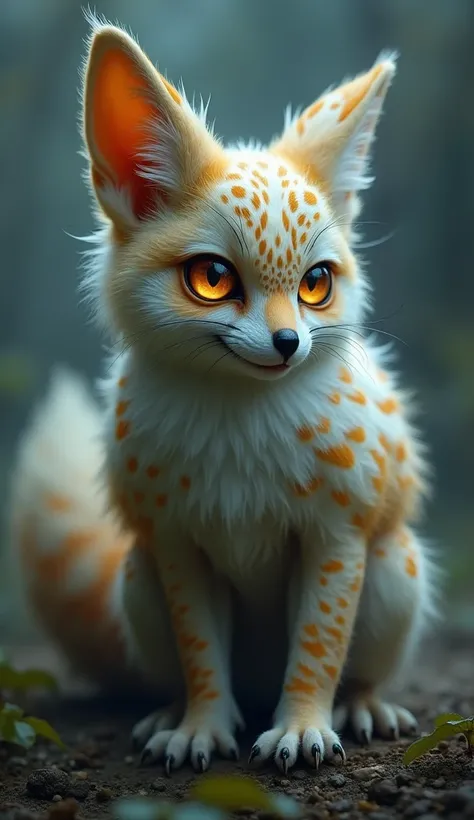 "A mystical hybrid with a fox’s agile body covered in soft, speckled feathers. Its face combines the fox’s pointed snout with the owl’s large, glowing amber eyes. The ears are tufted like the owl’s, and its tail is bushy with faint feather accents. This hy...