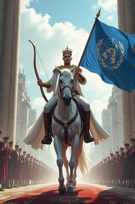 The rider on the white horse carrying a bow and the flag of the United Nations with a crown on his head triumphantly entering a big city looking at the horizon 