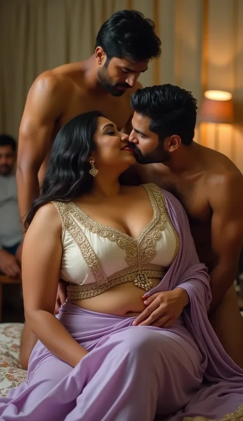 Side view,Full body image, indian hourglass body, Indian plus sized 29 year old Telugu bride syamala, lovely face, mouth wide open, wearing highly embroideried cream colour silk deep neck blouse and light purple colour low waist silk saree , sitting on a b...