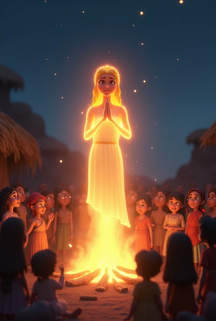 Generate image in cinematic 3d cartoon style 
glowing, translucent figure of Rati rises above the bonfire. Her expression is peaceful and forgiving, with her hands clasped as if in gratitude. A soft light surrounds her, gradually fading as she disappears i...