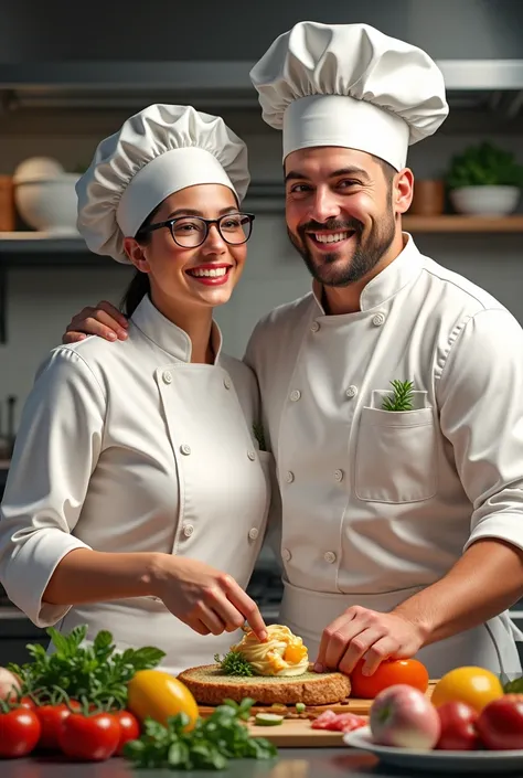 An image that we were working together as a chef chef tall white woman with glasses with a male chef who are also cheerful 