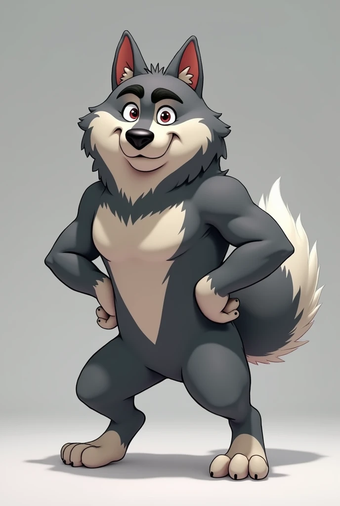 A male Akita, Paw patrol style, with gunpowder grey fur, a silver fuse like tail, naked, nude, presenting , presenting hindquarters, NSFW