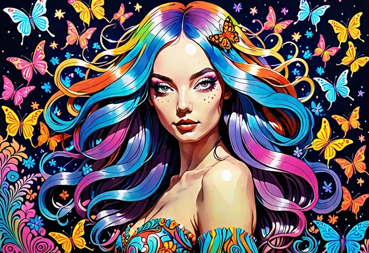 女性の絵画で、 Colorful hair and butterflies,  psychedelic  art style,  psychedelic  goddess,  psychedelic  art,  psychedelic  illustration, whimsical and  psychedelic ,  psychedelic  style,  psychedelic  artwork,  psychedelic  flowing hair,  psychedelic  paintin...