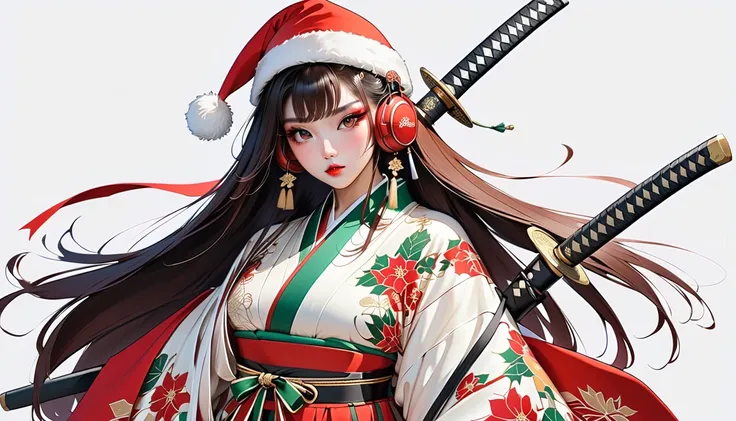 (masterpiece, ultra detailed,best quality), SIMPLE BACKGROUND (((1 female))), (((christmas pattern kimono))), (((santa hat))),(((samurai sword at the back))), (((Very flashy makeup))) Japanese style headphones,sunglases, Japanese beautiful girl, MULTICOLOR...