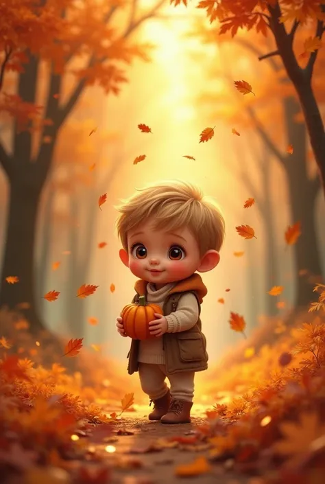 Une image mignonne d’un enfant avec de grands yeux qui marche dans une forêt aux couleurs automnales, holding a small pumpkin ,  with golden leaves falling around him.