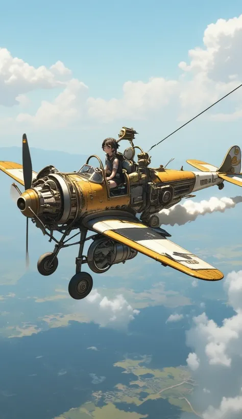  steampunk、Wide View、Flying in the sky、((( dragonfly flying with steam engine、 hardened plastic canopy、Extremely simple construction、Internal combustion engine、water vapor、Small single-seater airplane :1.7、 very smooth fuselage、Flapter )))、 girl sitting in...