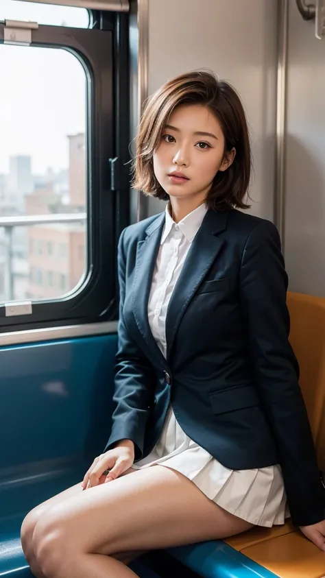  Short Red Hair,    cute face,  super realistic,  photorealistic depiction of a Japanese high school girl sitting in a train seat. She is wearing traditional school clothes,   including a navy blue blazer  ,  white shirt,  pleated skirt,   and a properly t...