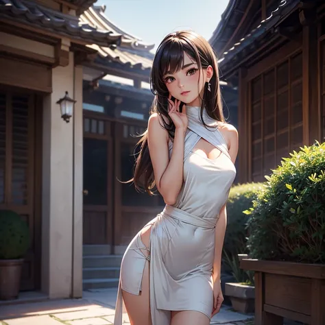 MASTERPIECE, WIDE ANGLE SHOT, PANORAMIC SHOT, FULL BODY SHOT, HEAD TO TOE SHOT, REAL GIRL, BEAUTIFUL GIRL, UNRIVALED ASIAN BEAUTY. Detailed and realistic portrait of a young 20-year-old Japanese woman standing, posing sensually, with one hand touching her ...