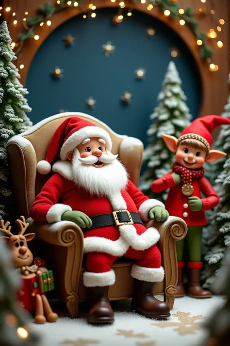  Photocall made as a craft where Santa Claus appears sitting on an armchair, an elf and a reindeer 