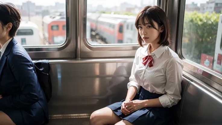  Short Red Hair,    cute face,  super realistic,  photorealistic depiction of a Japanese high school girl sitting in a train seat. She is wearing traditional school clothes,   including a navy blue blazer  ,  white shirt,  pleated skirt,   and a properly t...