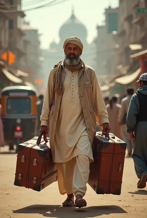 Pakistani man going on journey along with his bags