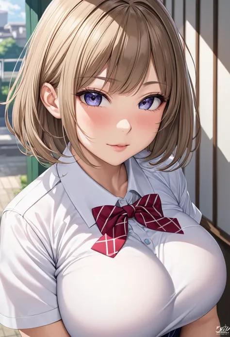 a close up of a woman short hair in a uniform posing for a picture, oppai, a hyperrealistic schoolgirl, hyperrealistic schoolgirl, with a large breasts, realistic schoolgirl, really large bust, with large breasts, large breasts size, big breasts, japanese ...