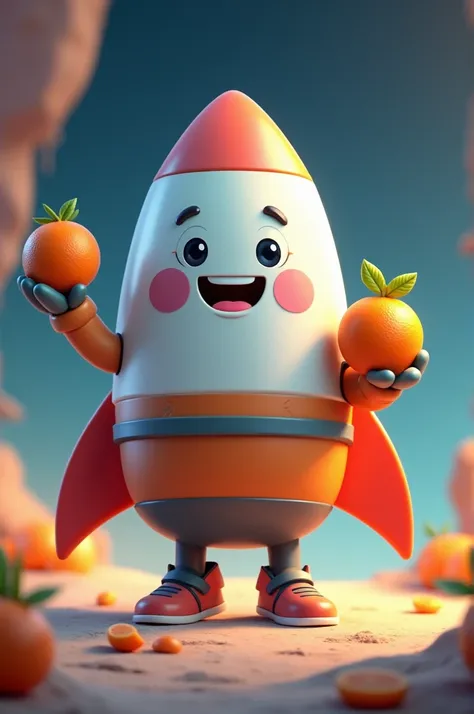  the mascot in the shape of a spaceship or rocket is holding a tangerine in one hand. The expression is smiling and the arms are lowered, so 