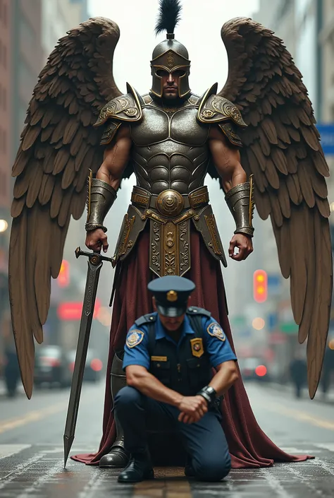 Spartan warrior with big angels wings stand over police officer who is gets down on one knee 