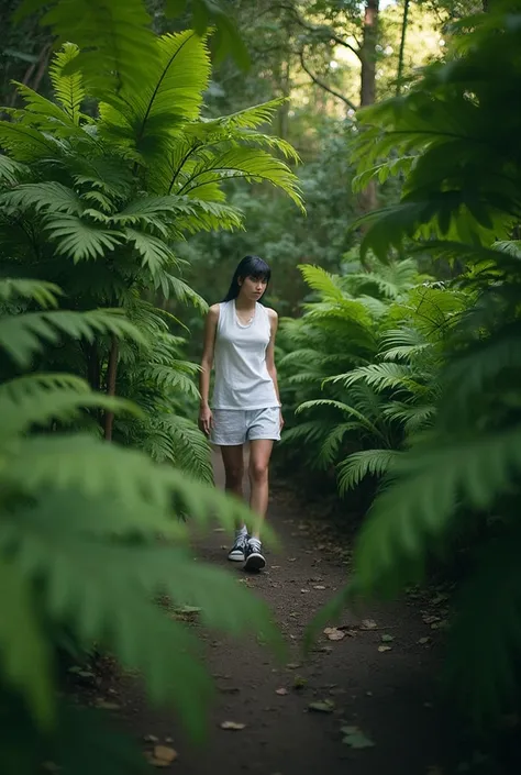 Capture the mystique of a fashion model photographed in a lush fern garden, clandestinely observed, Frame the scene from a hidden vantage point, emphasizing the models enigmatic presence amidst the verdant foliage. Convey a sense of secrecy and intrigue as...