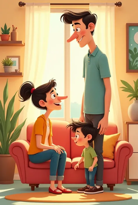  Family cartoon consisting of three people, very tall male father , Mom wife and son