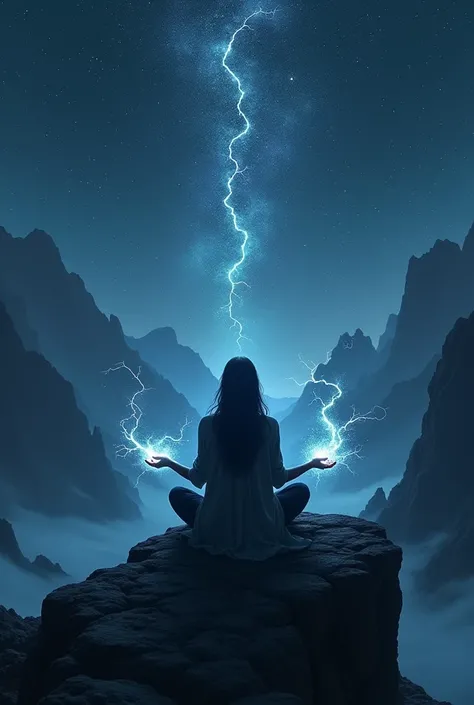 Character in dark meditating looking at the mysterious dark universe and manipulating energy in each hand in white electrical and background on a mountain ridge and in the background plus mountains and the constellation of Pegasus 