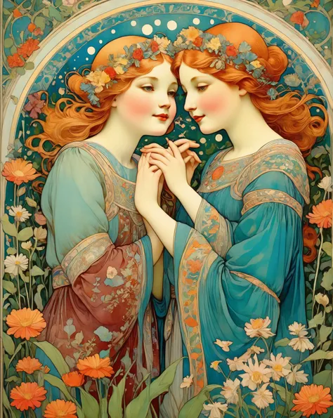 An exquisite art nouveau poster in a mucha style, vibrant and surreal. Two young, light-skinned girls, twins, dressed in matching traditional folk-art style clothing, with long-sleeved dresses adorned with white, blue, and dark-colored floral patterns. The...