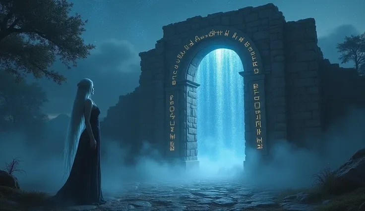 A dark, ancient stone archway glowing with faint blue and golden runes, surrounded by swirling mist under a starry night sky. In the foreground, a beautiful goddess resembling Venus stands gracefully to the side, her long flowing hair illuminated by the gl...