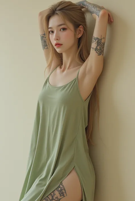 , professional 4K photos, half Thai ,  Korean half-woman , With long hands and feet, Flow, , light blond hair is laid out in a slight three-quarters perspective. ,  leaning against a light beige wall .  Her arms raised ,  and she seems to be neatly posed ....