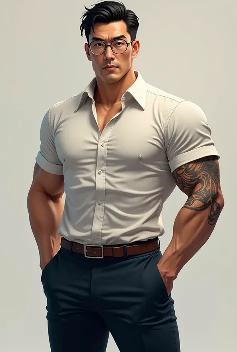 Middle aged guy, handsome guy, asian, teacher uniform, sexy, handsome, hot, huge bulge on pants, buff body, muscular body, hairy arms, huge muscles, large body, large muscles, eyeglasses, tattoo on biceps