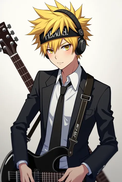 Male anime character with yellow hair and a black jacket and a white shirt inside like a black tie and a headband with headphones on his head like a guitar on his back 