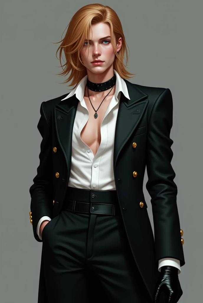 strawberry blonde hair and a longer section that falls past his left shoulder. a narrow, slim waist that accentuates his tailored black jacket over a white dress shirt with the shirt collar unbuttoned, paired with high-waisted, fitted black trousers. Acces...