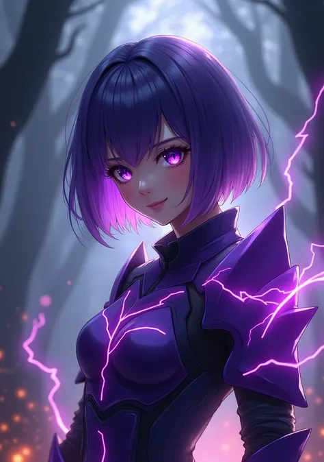 Ultra-realistic, fantasy dark light forest, Japanese short-haired beauty, cautious expression, wearing purple thunder and lightning assassin shoulder armor, like a ghost, with thunder and lightning surrounding the light and shadow, with fire dust at the fe...