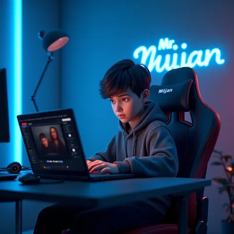 Create a 3D realistic of boy sitting on gameing room and gameing chair and working on video edit on his laptop .the must wear a  hoodie and has name "MR Mijan" is written on the wall with blue colour neon light