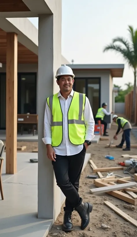 A 38-year-old charismatic Indonesian man leans casually against the right frame, a subtle smile on his face. He is dressed in a crisp white slim-fit shirt, dark chinos, an elegant reflective safety vest, and premium project boots. Behind him, a luxurious m...