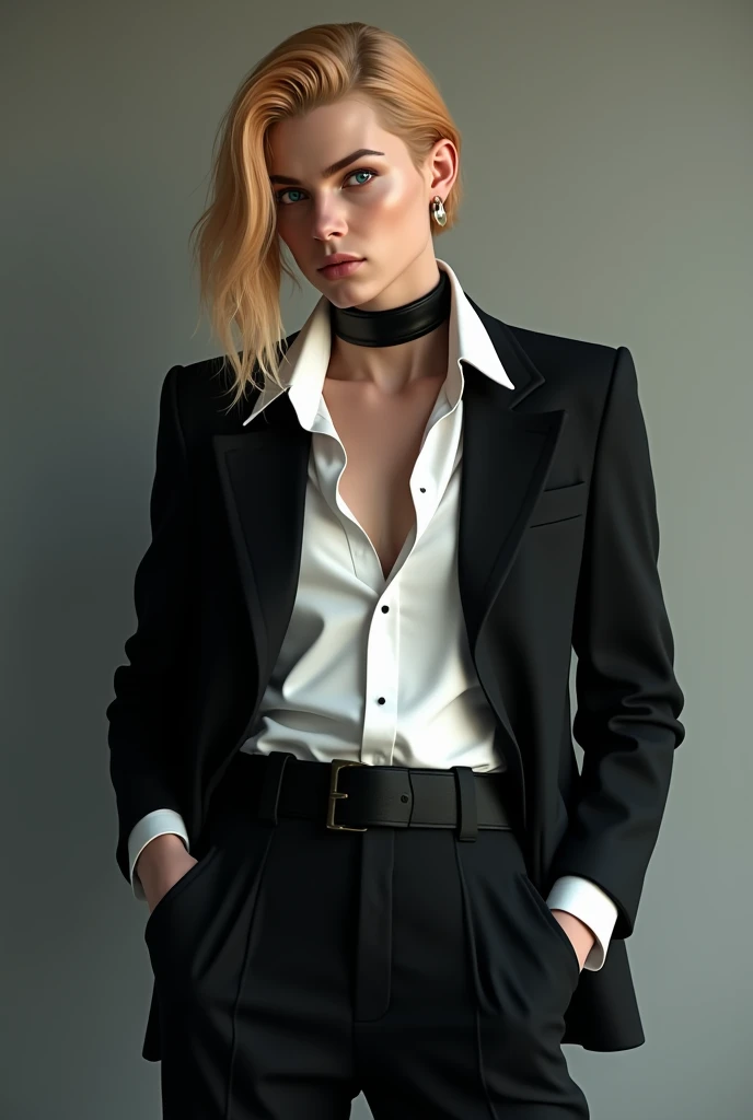 a guy with strawberry blonde hair and a longer section that falls past his left shoulder. a narrow, slim waist that accentuates his tailored black jacket over a white dress shirt with the shirt collar unbuttoned, paired with high-waisted, fitted black trou...