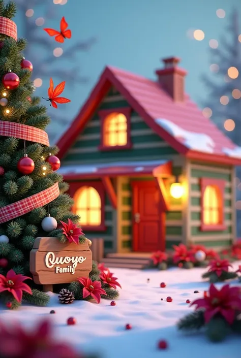 A Pixar-style 3D rendering of a festive scene at the North Pole with a house decorated in Christmas style. The house has a red roof and is adorned with green
and white stripes. There is a Christmas tree in front of the house, and the ground is covered with...