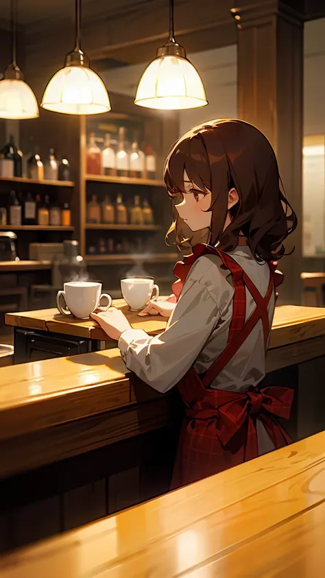 A young barista girl with short wavy brown hair,  wearing a red flannel shirt and black apron ,  stands behind a bar table while focusing on a cup of latte in his hand. Surrounding,  the coffee shop atmosphere is warm with soft yellow lighting and the arom...