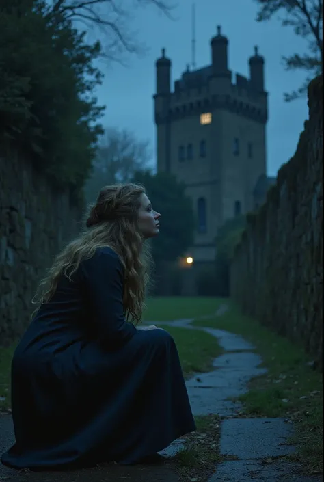 １０Woman in her 20s,  (Blonde,  blue eyes), thin,  cute face,  walk at night at Canterbury Castle (novel「 The Ghost of the Canterville Family 」Inspired by ). 1887, Dark Victorian fantasy,  clevis on a stone 　Crouch down and look up at the sky 

