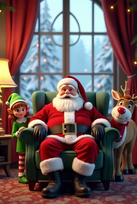 Photocall where Santa Claus appear sitting on an armchair .  An elf and a reindeer peeking out one on each side and that it is in Santa Clauss house where there is a window that shows loponia