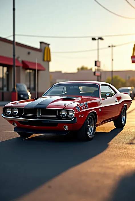 A red Dodge challenger with an American flag stands in a parking lot near McDonalds early in the morning