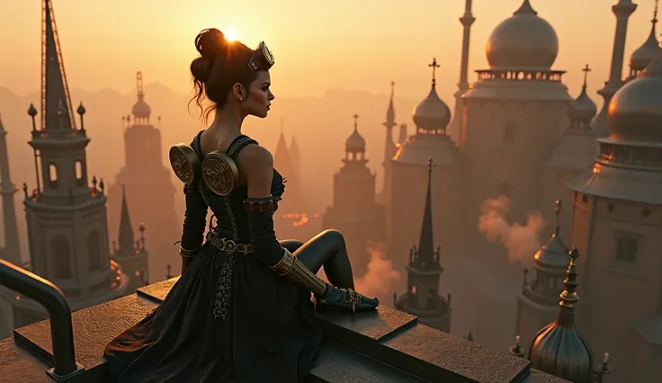 beautiful woman in steampunk clothes in a steampunk country, sitting on the roof of a building watching the steampunk city view at dusk, very realistic, cinematic